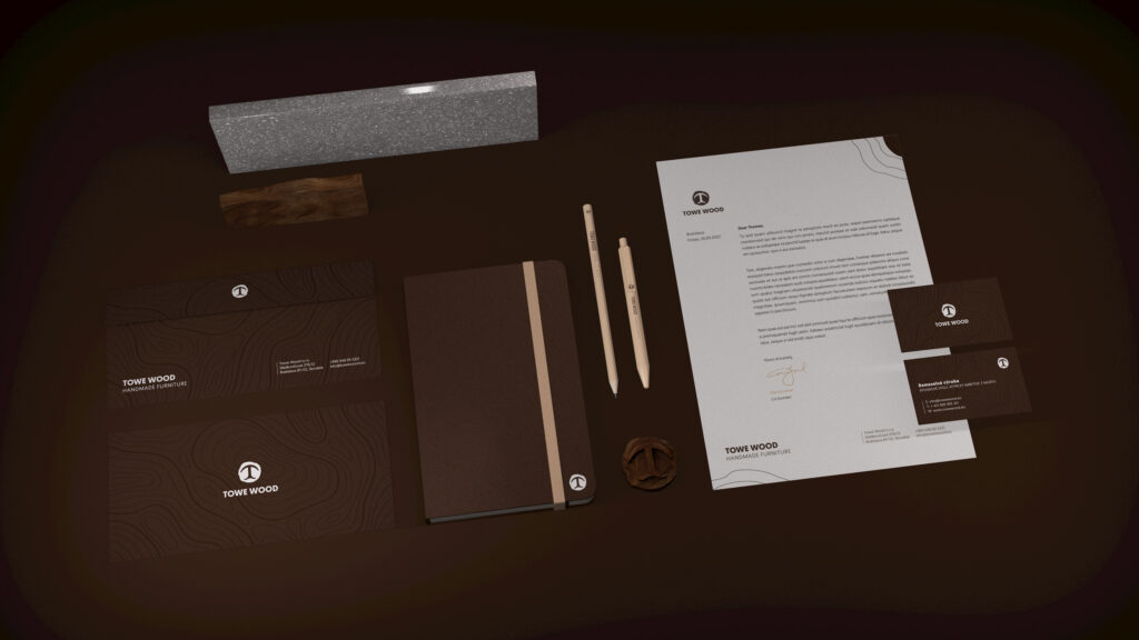 visualisation of Towe Wood envelopes, pen, pencil, business cards