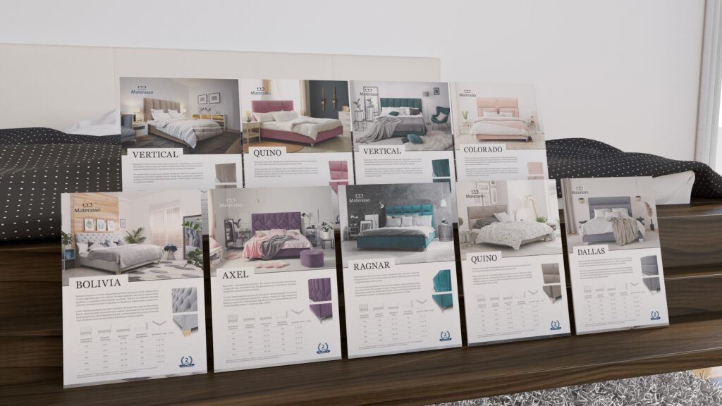 Materasso Beds product cards in a bedroom render